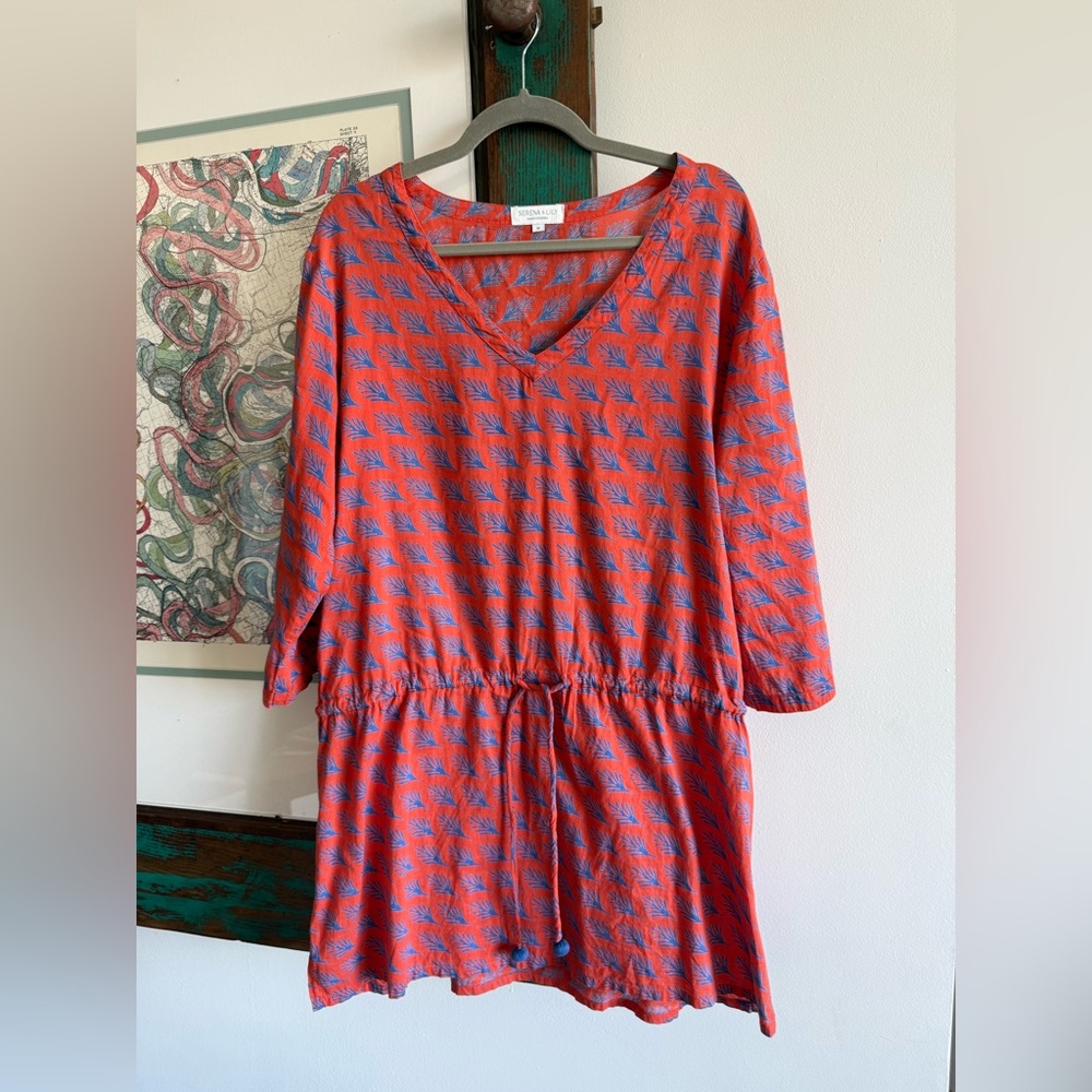 Serena & Lily Brigitte Orange V-Neck Cover-Up Tunic Dress with Blue Leaf Print